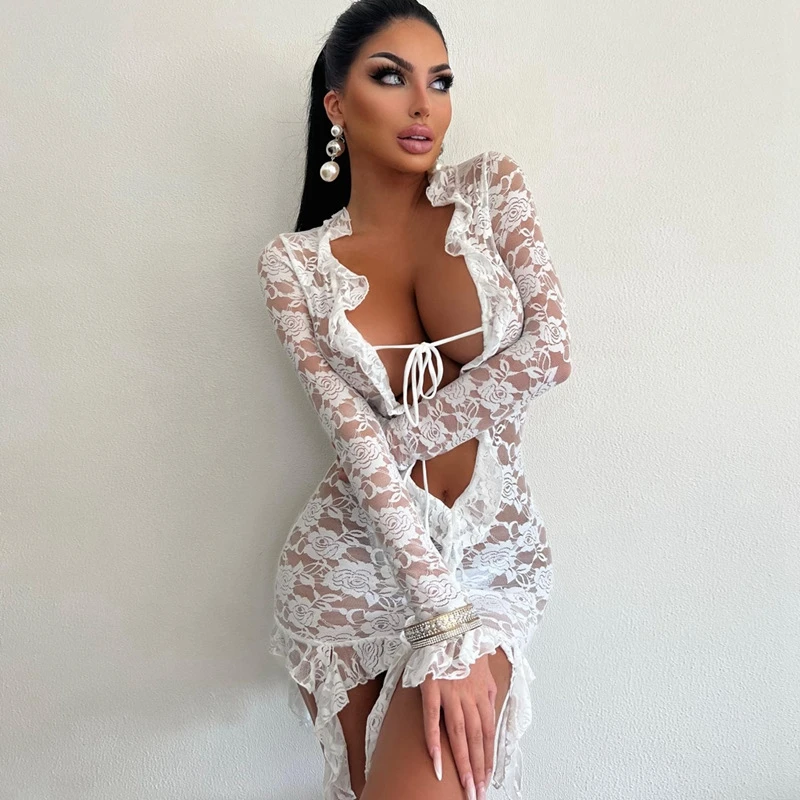 

Womens Dresses Sexy Short White Lace Dress Daring Long Sleeve Deep V Neck Lace Hollow See Through Skirt Night Club Outfits Woman