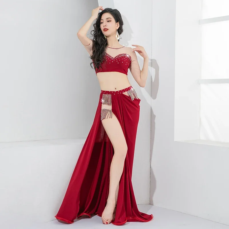 Belly Dance Costume Women's Stretch AB Stones Top+tassel Long Skirt  Oriental Dance Outfit Split Joint Nude Mesh Ruffled Skirt