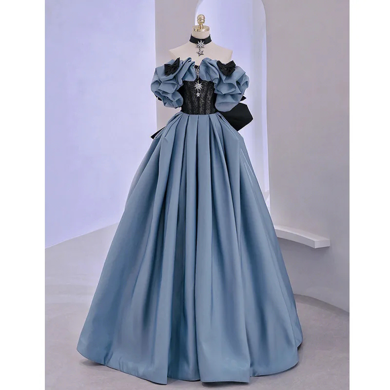 Customized French Elegant One Shoulder Wedding Party Dresses Pleated Puff Sleeve Princess Prom Dress Temperament Simple Evening