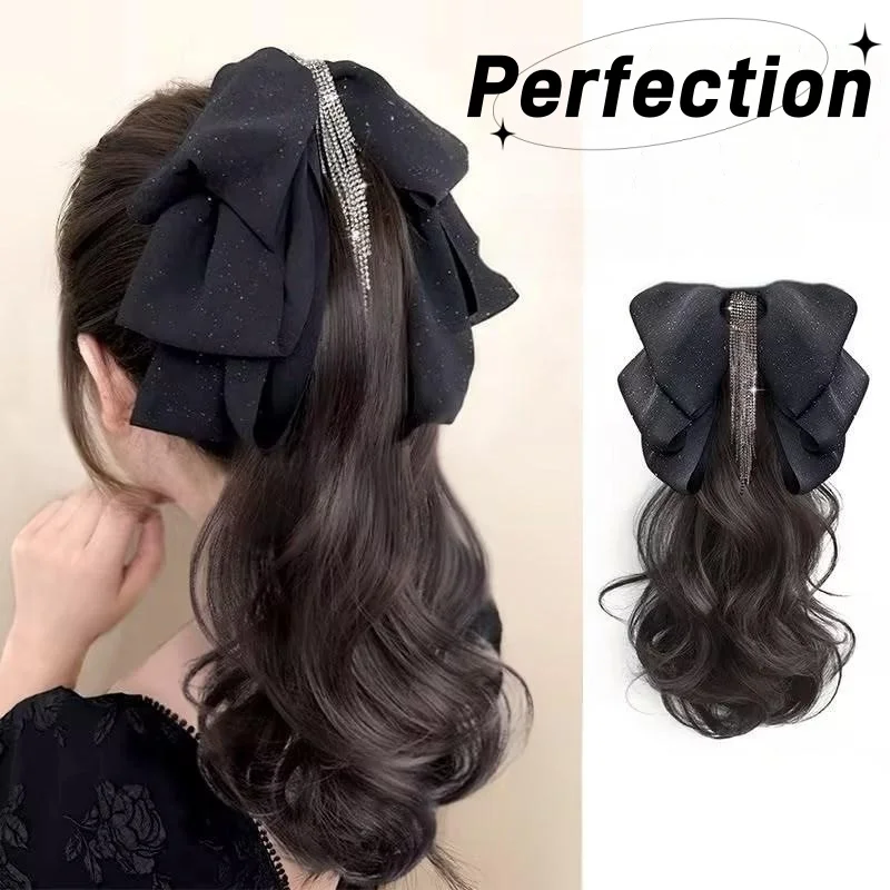 

Wig ponytail, tassel-bow clip-on wig, and slightly-curled elegant goddess-style wig ponytail, Sweet and shiny bow wig bundles