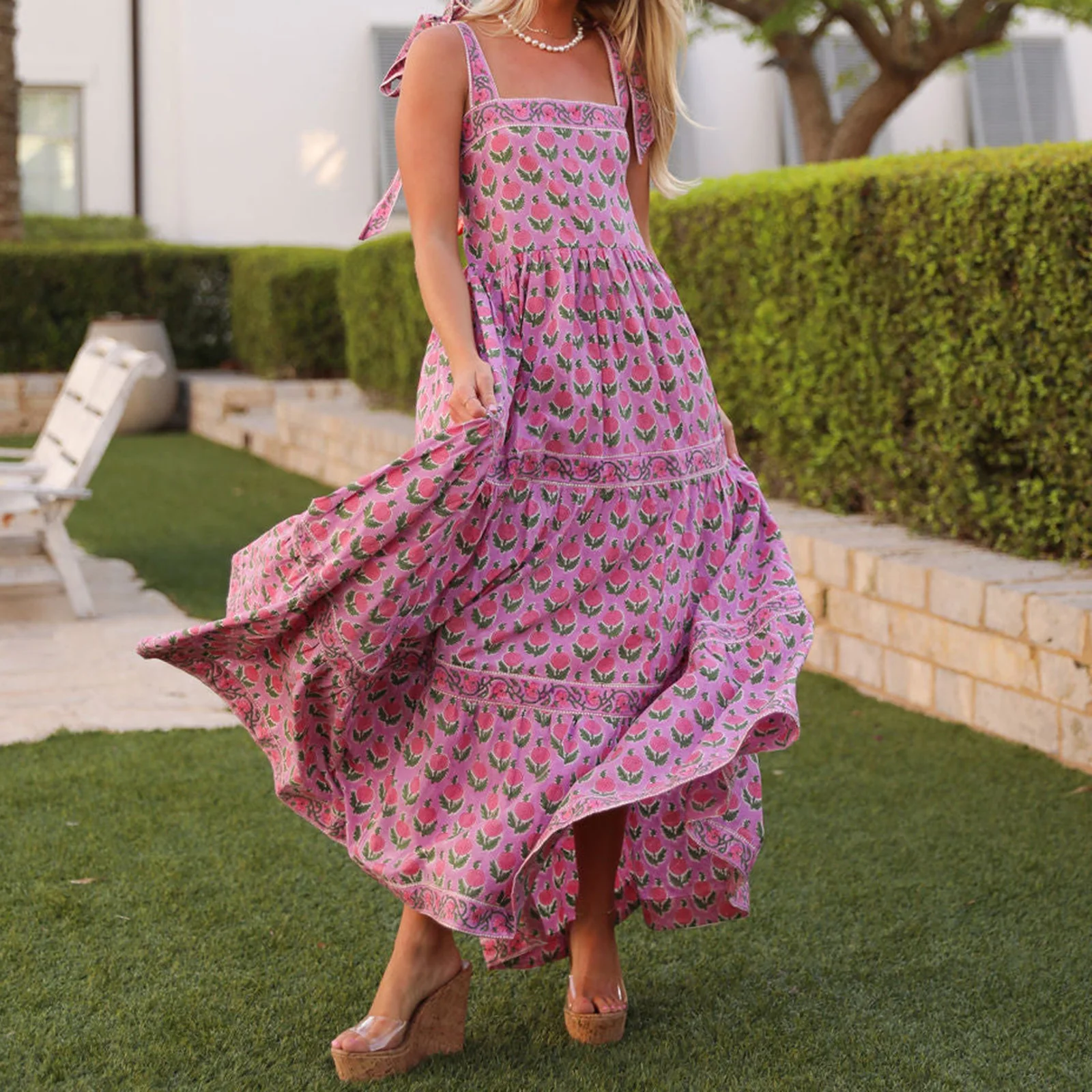 Abito estivo lungo da donna con camicetta viola senza maniche con stampa floreale e cinturino per spaghetti, abiti scampanati per le vacanze estive