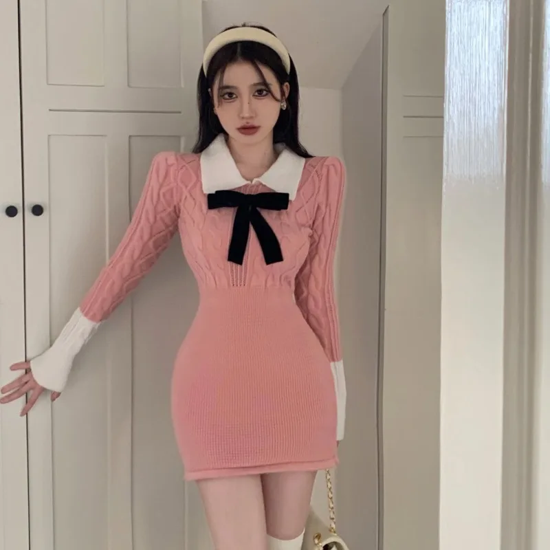 فستان نسائي منسوج بفيونكة عروض عالية الجودة موضة كورية مريحة كاجوال أساسية جديدة في فساتين كروشيه نسائية وردية #3