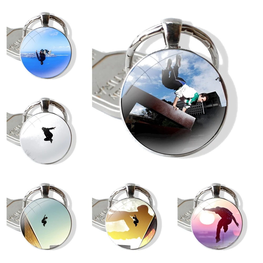 Keychain Handmade Glass Cabochon Key Ring Holder Pendant Key Chains Extreme Sports Parkour