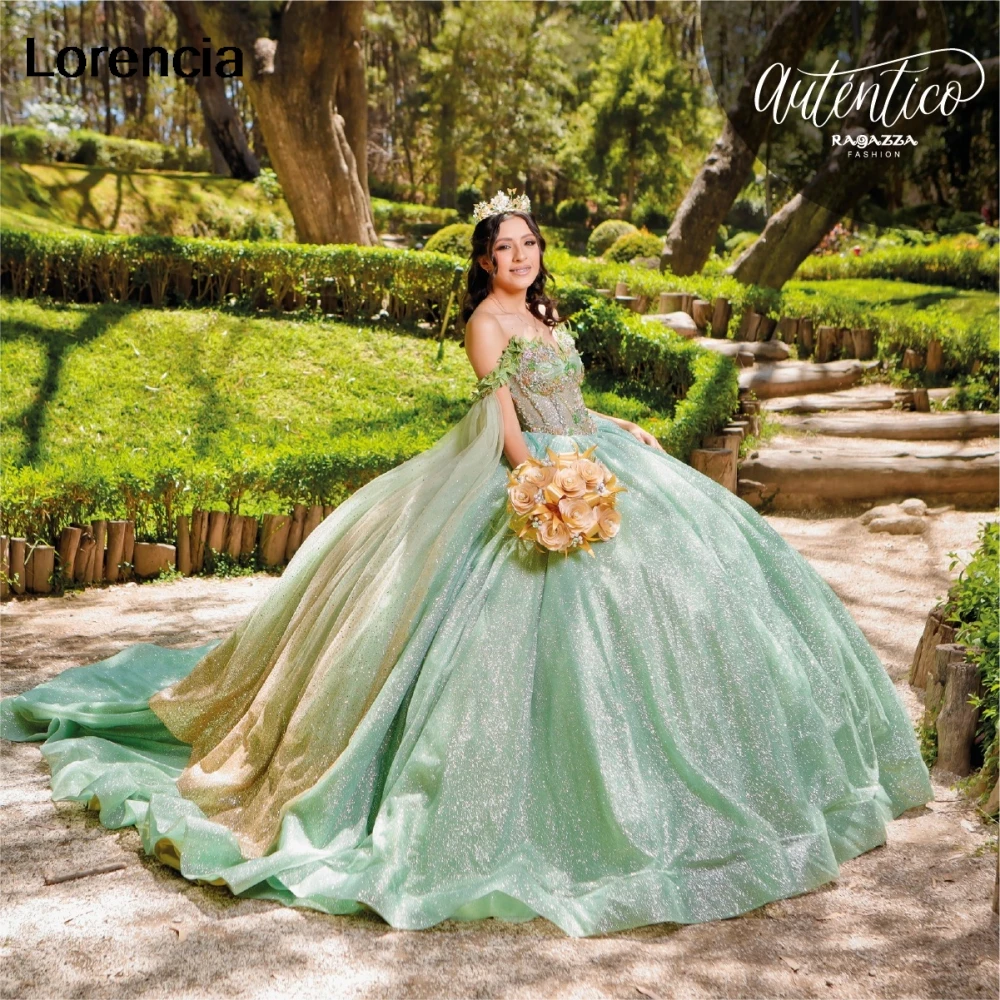 

Customized Sparkly Sage Green Quinceanera Dress Ball Gown Gold Sequins Applique Beading Cape Sweet 16 Vestidos De 15 Años YQD999