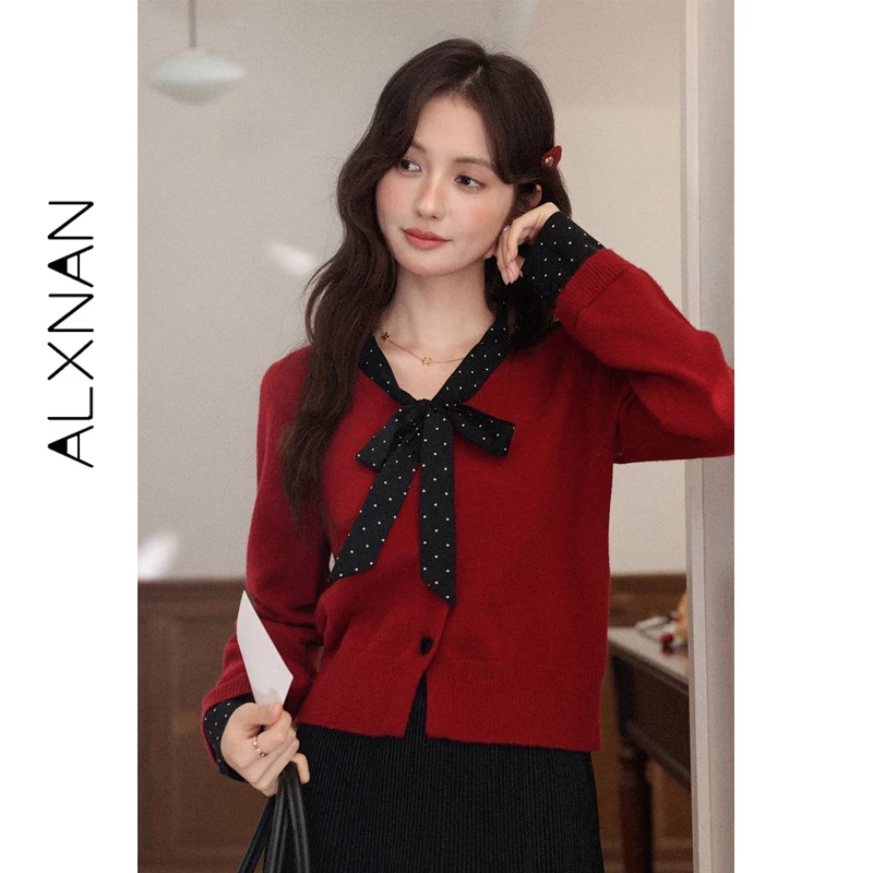 

ALXNAN Vintage Red Knit Cardigan Women Winter Polka Dot Tie-waist Knit Sweater Long Sleeve Warm Chic Tops Female DYL662144