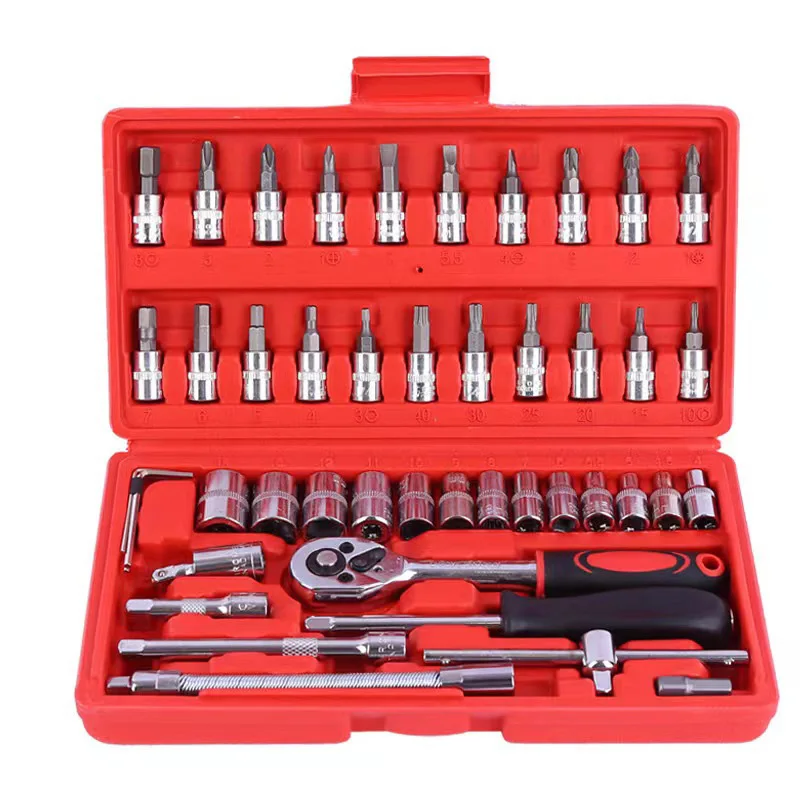 46PCS Red Model Auto Repair Tools With Car Home Repair Toolbox Hardware Tools Wrench Socket Kit