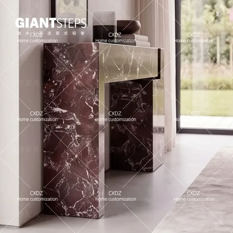 Luxury Porch Cabinet Natural Marble Wall Mounted Storage Console for Living Room Villa Entryway Red Finish