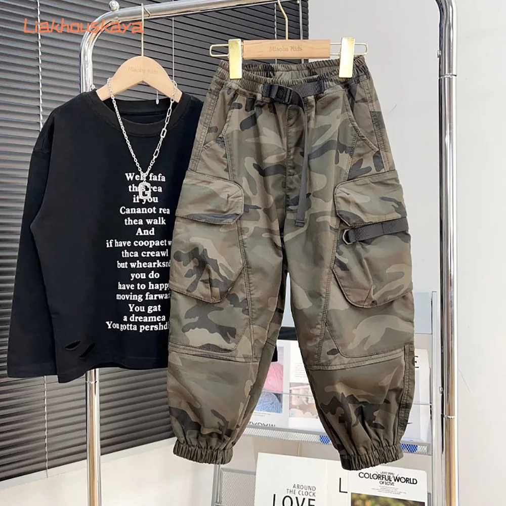 2026 Autumn Boys Camo Cargo Pants Big Kids Casual Trousers 2-12Y Multi Pocket Children Long Pants Teen Boys Daily Outdoor Jogger