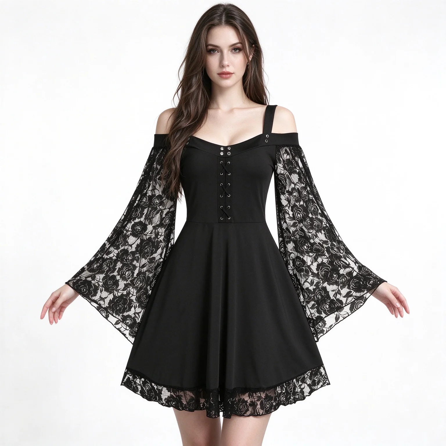 One shoulder flared sleeve lace patchwork artistic retro dress for women's casual dress view 2