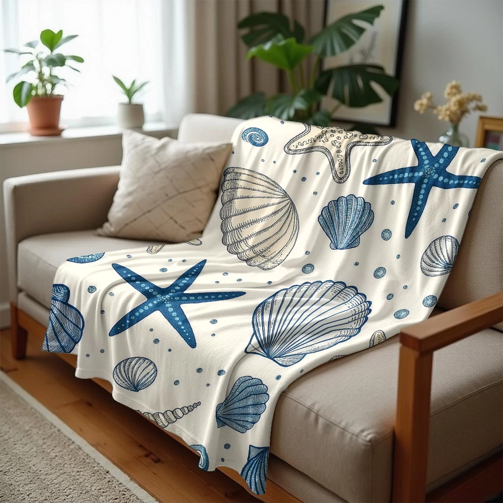 Nautical Shells & Stars Ultra Soft Sherpa Fleece Blanket Fluffy Warm Halloween Cozy Throw for Sofa Couch Bedroom Gift All season