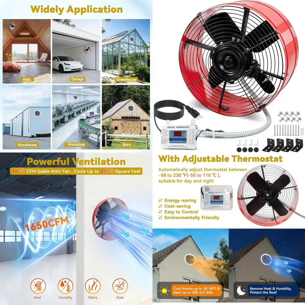 

15 Gable Roof Attic Fan with Thermostat, 1650cm Plug-and-Play Ventilation System, 2500 sq.ft. Silent Exhaust Fan with Power Cord
