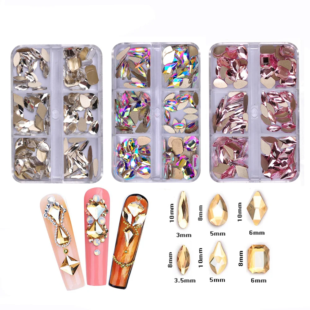 

6Gird Box 120pcs Flatback DIY Nail Art Decorations Rhinestones Colorful Jewelry Making Adhesive Glass Crystal Stones