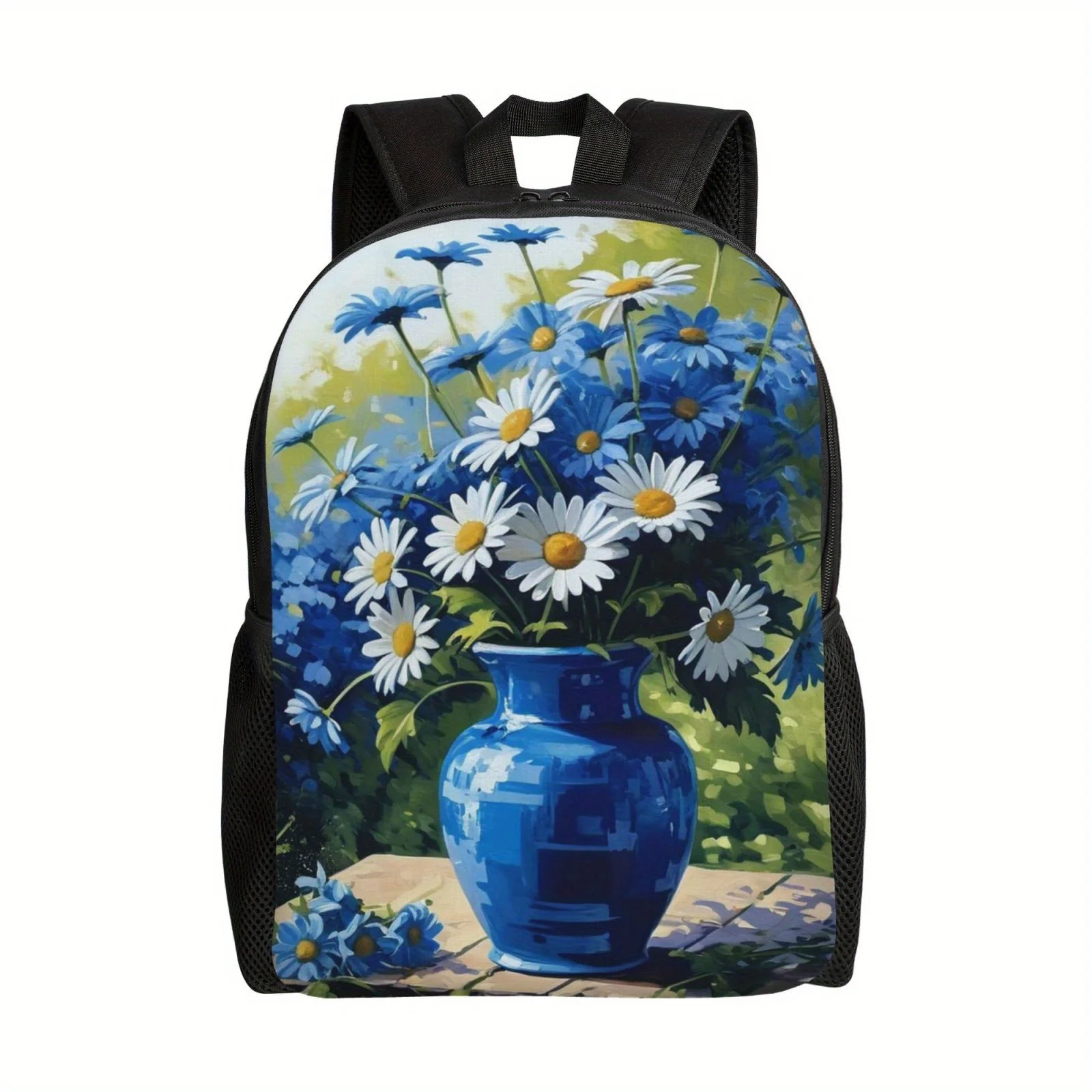 Blue and white daisy print fashionable backpack with side pockets for bottles, casual bag, suitable for men and women commuting