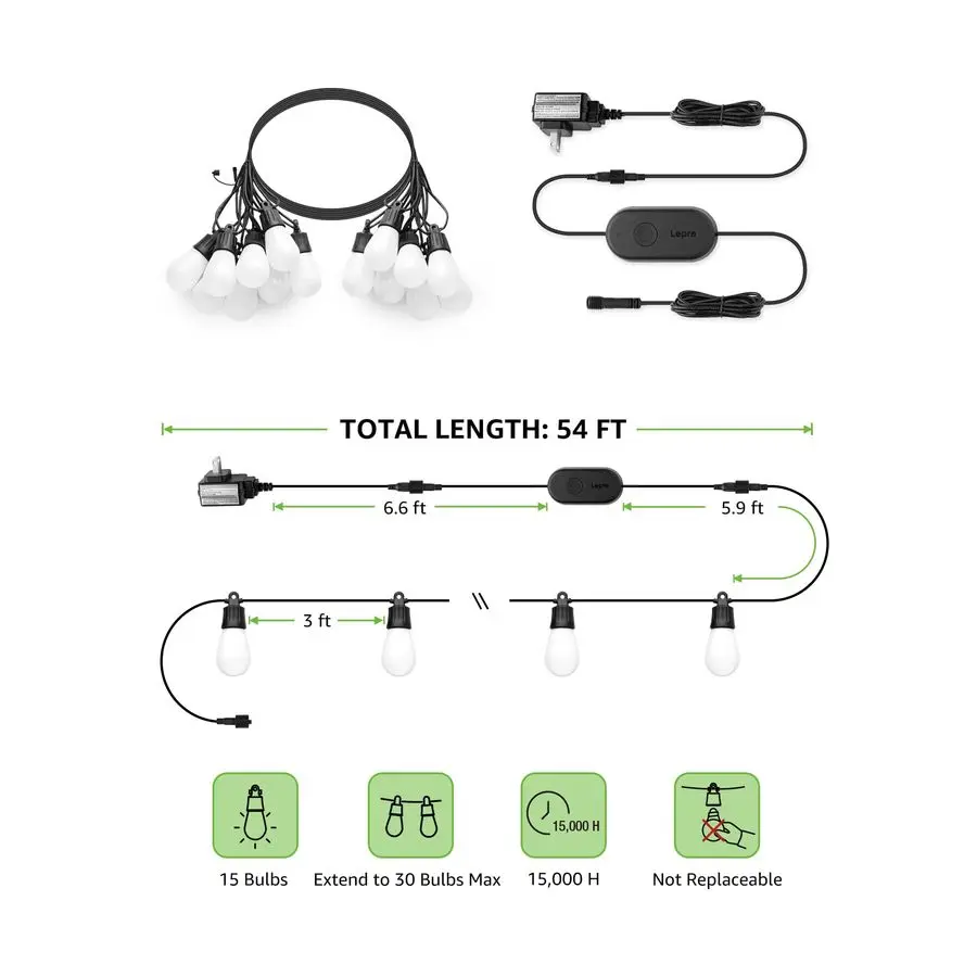ZB1 AI Smart Outdoor String Lights APP Control، 544212 قدم RGBICWarm White Outdoor Lights 15 LED Bulbs، Alexa Google Home Enable،