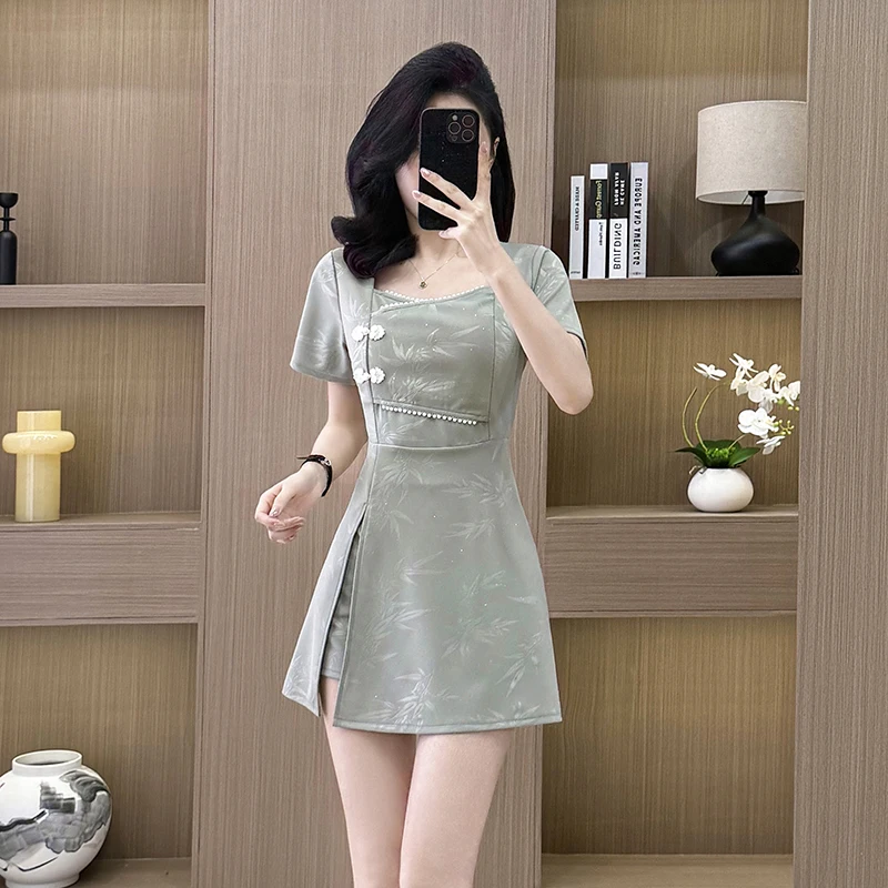 

2025 Summer Jacquard Stretch Square Neck Cheongsam Dress + Shorts Set Sequin Qipao Two-Piece Outfit Women's Elegant Suits