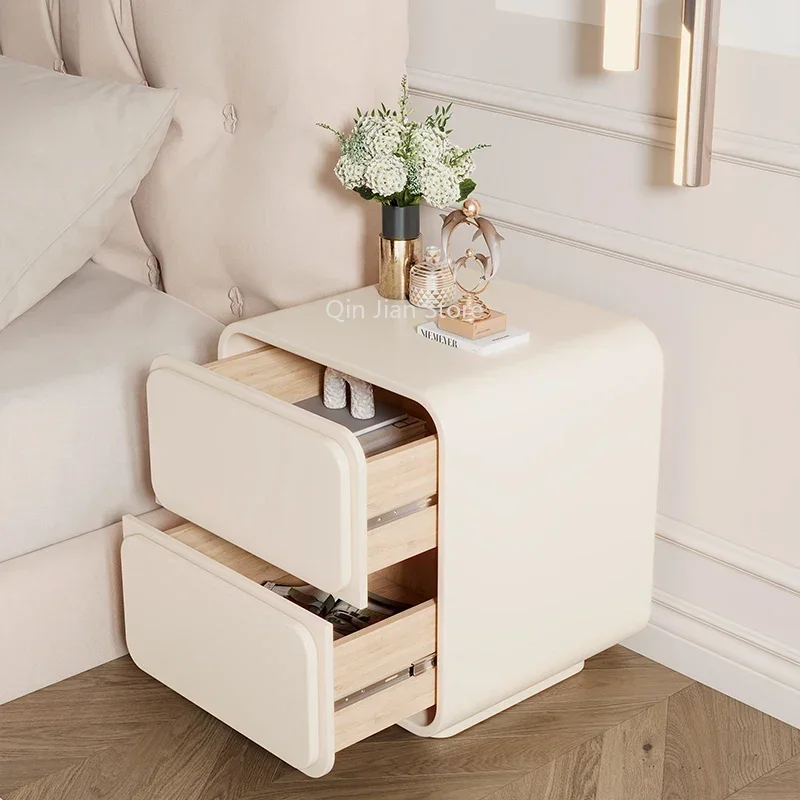 Nordic Style Bedside Table Solid Color Wooded Side Storage Cabinet Leather Bedroom Nightstands Free Installation End Table