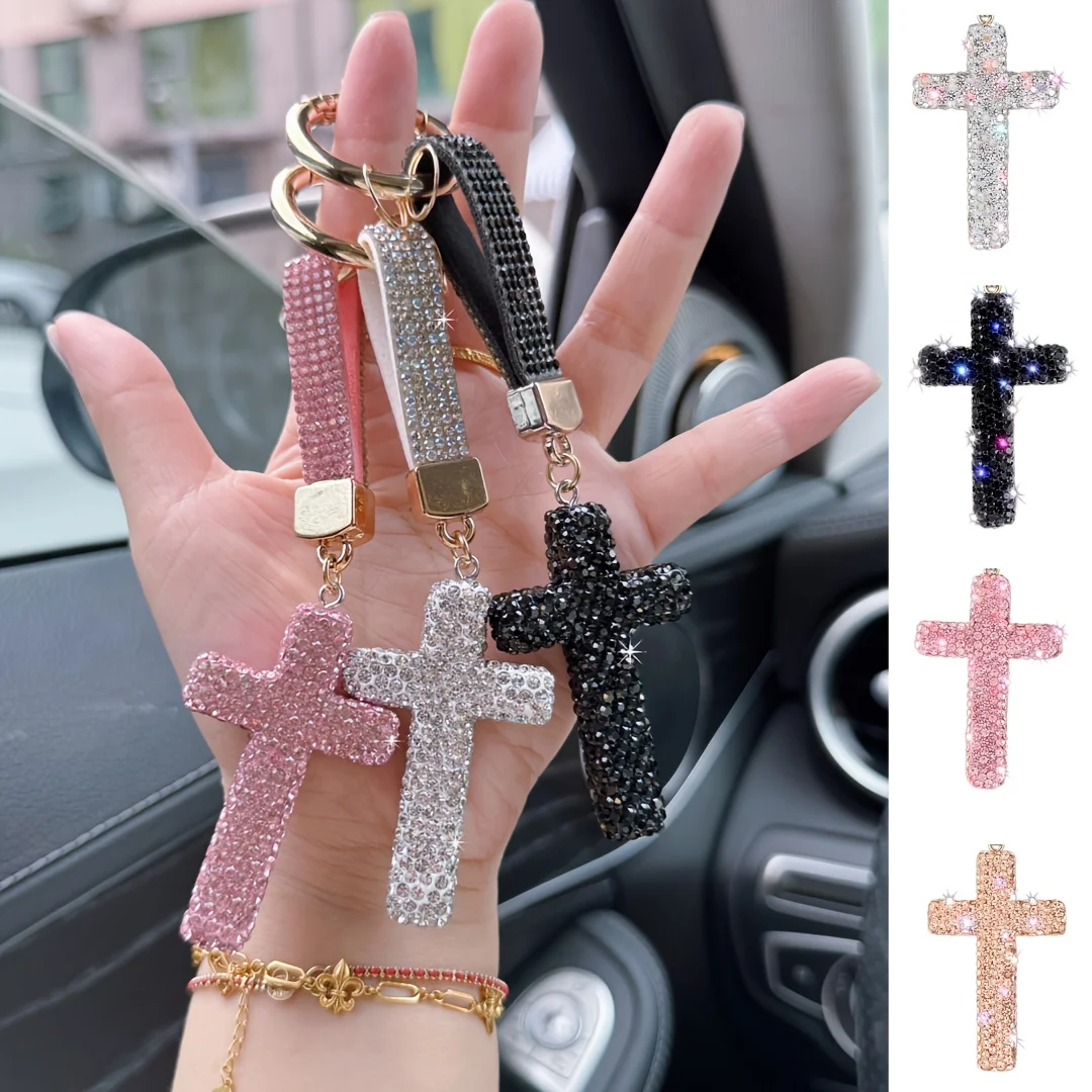Bling Rhinestone Cross Keychain With Diamond Wrist Strap Crystal Pendant Fashion Decor Bag Charm Car Key Ornament