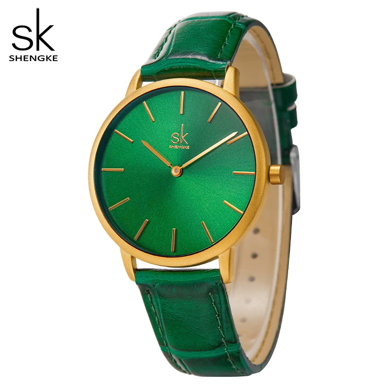 Shengke Fashion Leather Strap Women Watches Green Watch for Women Reloj Mujer Casual Ladies Quartz Wristwatches Relogio Feminino