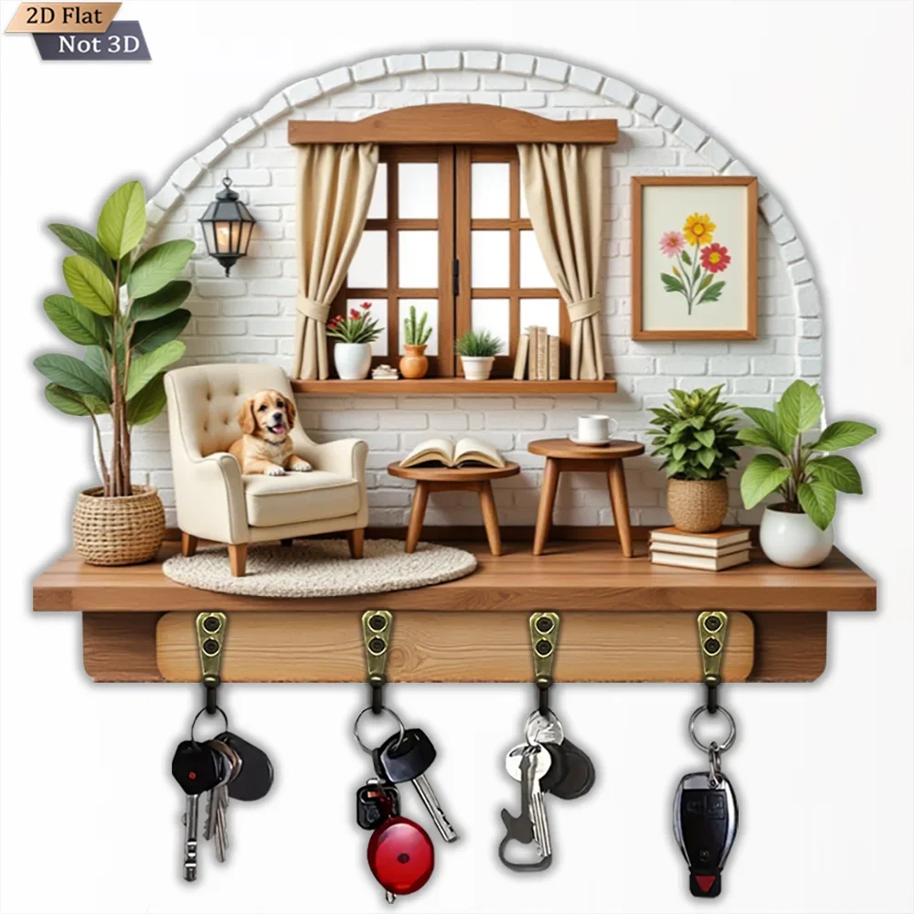 2D Flat, 1pc, Pastoral Style Key Hook Wooden Multifunctional Home Key Hook with Four Metal Hooks, Wall Decoration, Porch