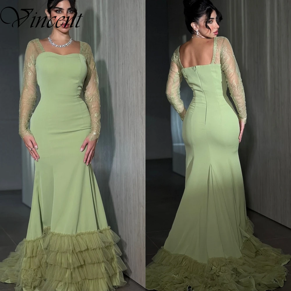 Robe de soirée de forme sirène, personnalisée, élégante, manches longues, Jersey vert, avec traîne Court, fermeture éclair au dos, robe de célébrité