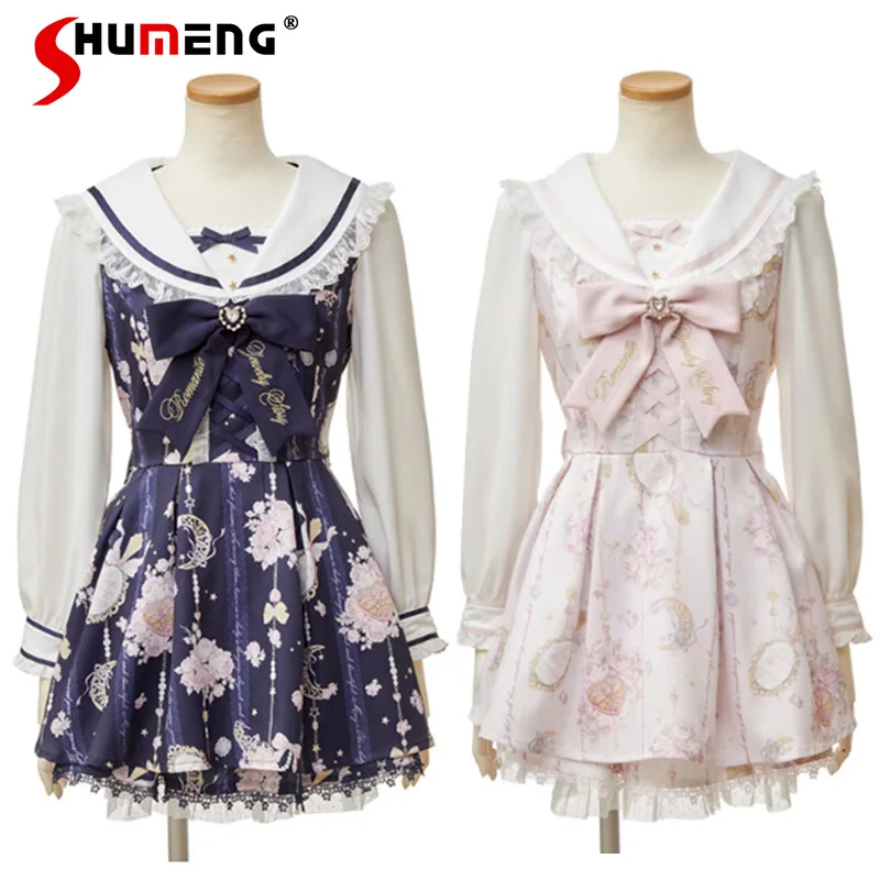 

Japanese Mines Style Mass-Produced Liz Dresses Sets Navy Collar Bow Long Sleeve Lace-up Printed Dress Shorts Two-Piece Set Women