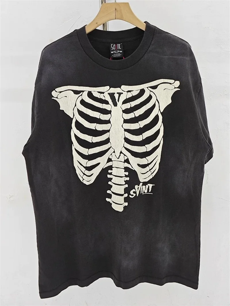 

Skull Print Saint Michael Tshirts Men Women Washed Oversized Pure Cotton T Shirt Top Tees