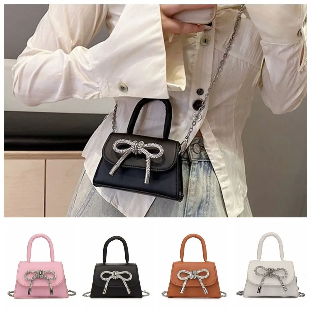 

PU Rhinestone Bow Shoulder Bag Mini Solid Color Bowknot Crossbody Bag Makeup Lipstick Bag Coin Purse Evening Clutch Bag