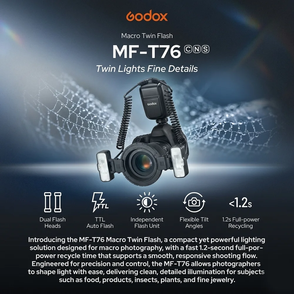 Godox MF-T76 Macro Twin Lite Flash, TTL HSS 2.4G Wireless 1/8000s High-Speed Sync with Modeling Lights for Canon Nikon Sony