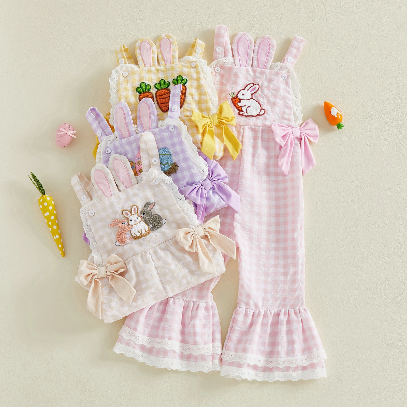 

Комбинезоны FOCUSNORM для маленьких девочек от 0 до 5 лет, клетчатые комбинезоны с вышивкой в ​​виде пасхального кролика и яйца, комбинезоны без рукавов, брюки-клеш