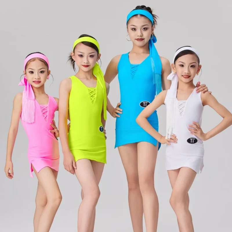 Robe de concours de danse latine sans manches, 4 couleurs, pour filles, Rumba, robes de spectacle de danse latine, Costumes de danse pour enfants SL13402