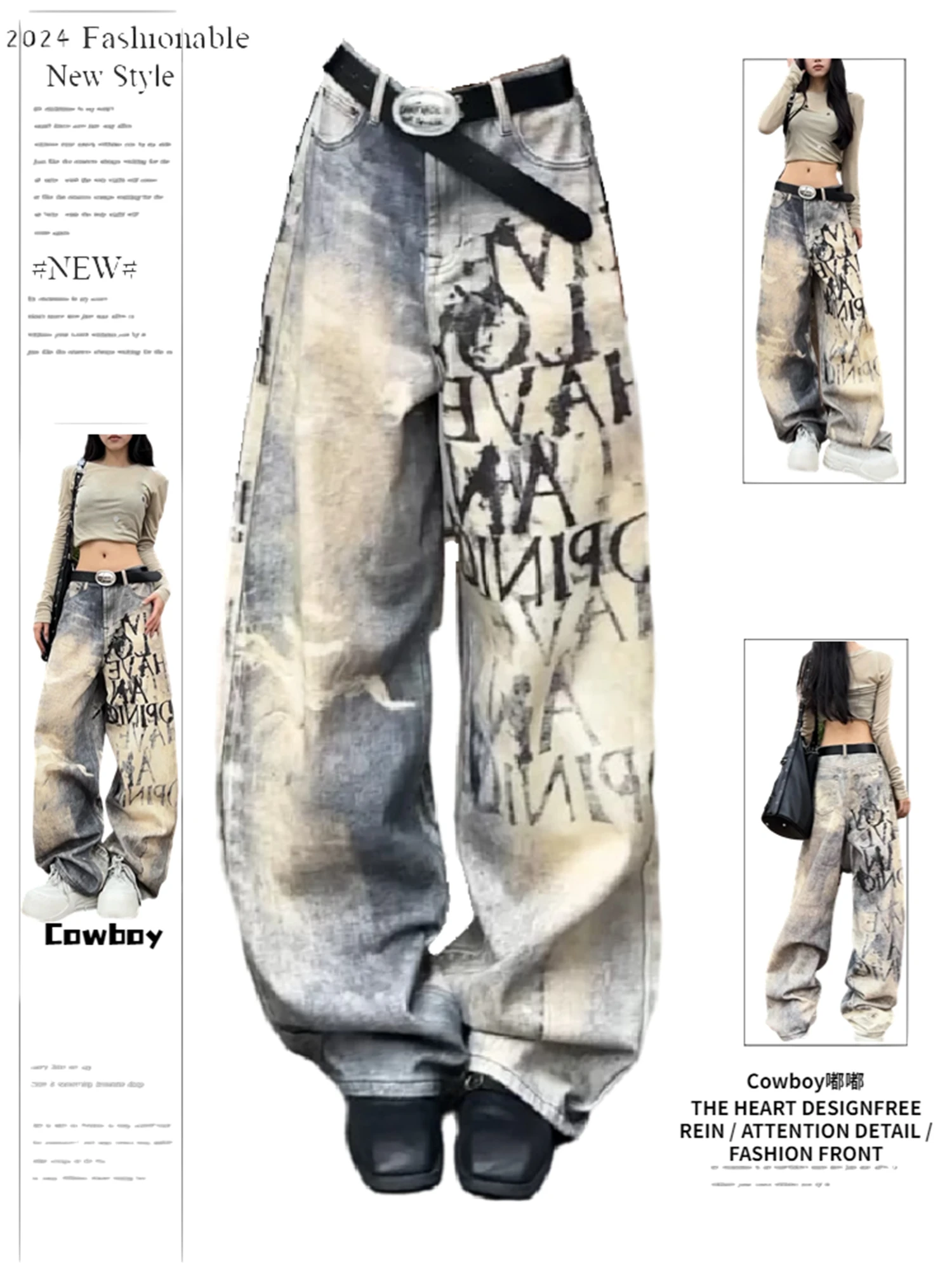 

Y2K Women's High Waist Wide Leg Jeans Vintage Washed Graffiti Letter Print Distressed Loose Fit Denim Pants Streetwear Trousers