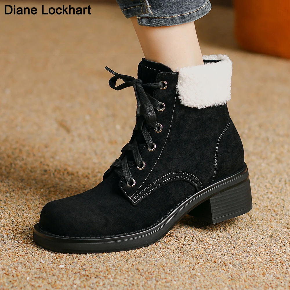 

New 5CM Lace Up Boots Women Shoes for Winter plush Booties Fashion Shoes Woman Casual Autumn Flock Mujer Female Black Ankle Boot