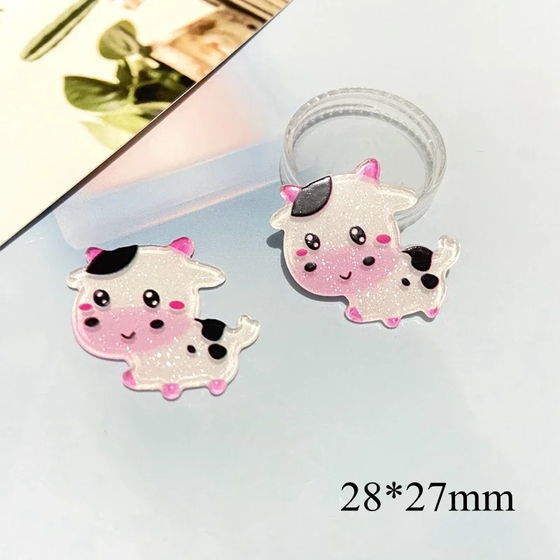 10Pcs Cartoon Animal Cattle Cow Glitter Acrylic Planar Scrapbook Embellishment DIY Fridge Magnet Accessory Phone Case Decor