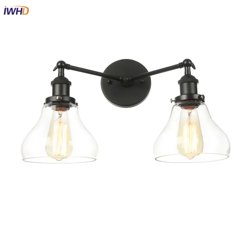 IWHD Glass Black LED Wall Lamp Sconce Reading Foyer Bedroom Industrial Loft Vintage 2 Heads Bathroom Mirror Light Aplique Pared