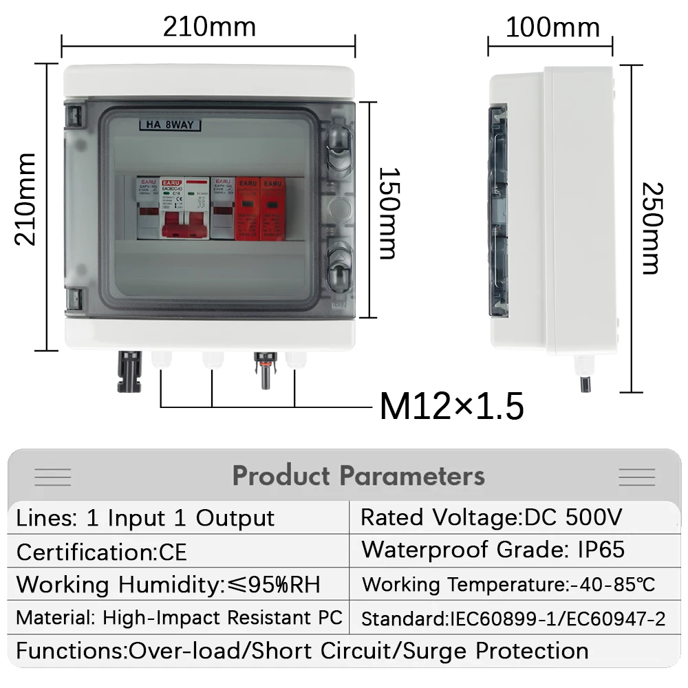 Solar Photovoltaic PV Combiner Box With Lightning Protection 1 Input 1 Out DC 500V 15A Fuse MCB SPD Waterproof Box IP65 HA 8WAY