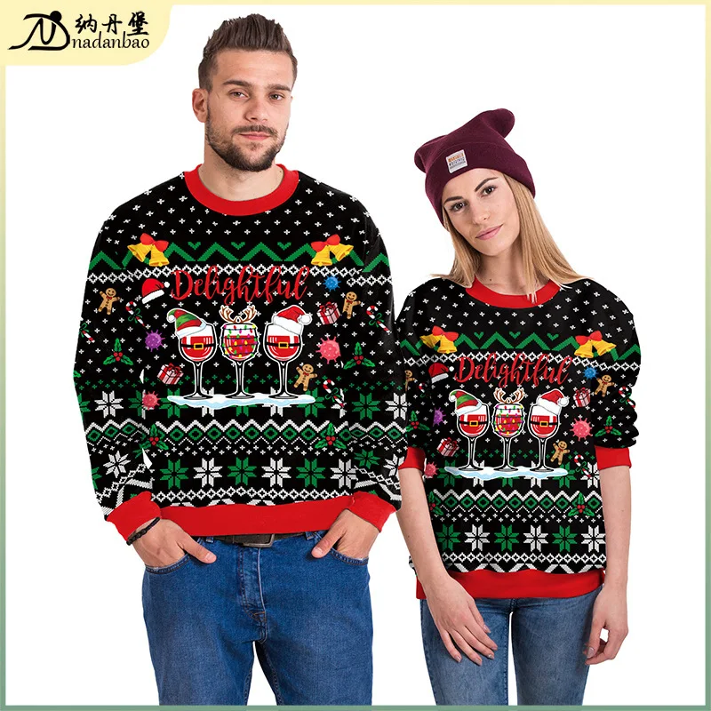 Natanburg Christmas Digital Printed For Couples, Loose Round Neck Hoodie Clothing