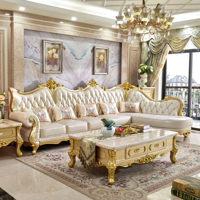 European leather sofa combination living room luxury corner L-shaped sofa first layer cowhide solid wood carving flower champagn