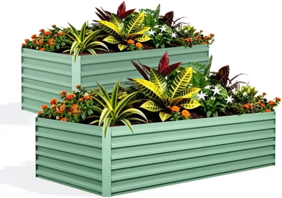 Galvanized Steel Square Raised Garden Bed 2 PCS, Metal Outdoor Planter Box for Vegetables Flowers Herbs, Sturdy Durable Gardening Planting Container
