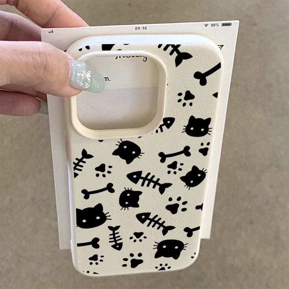 Lines Cute Cat Phone Case For iPhone 13 Case iPhone 11 15 12 14 16 Pro Max 15 16 Plus Shockproof Bumper Soft Leather Cover Funda