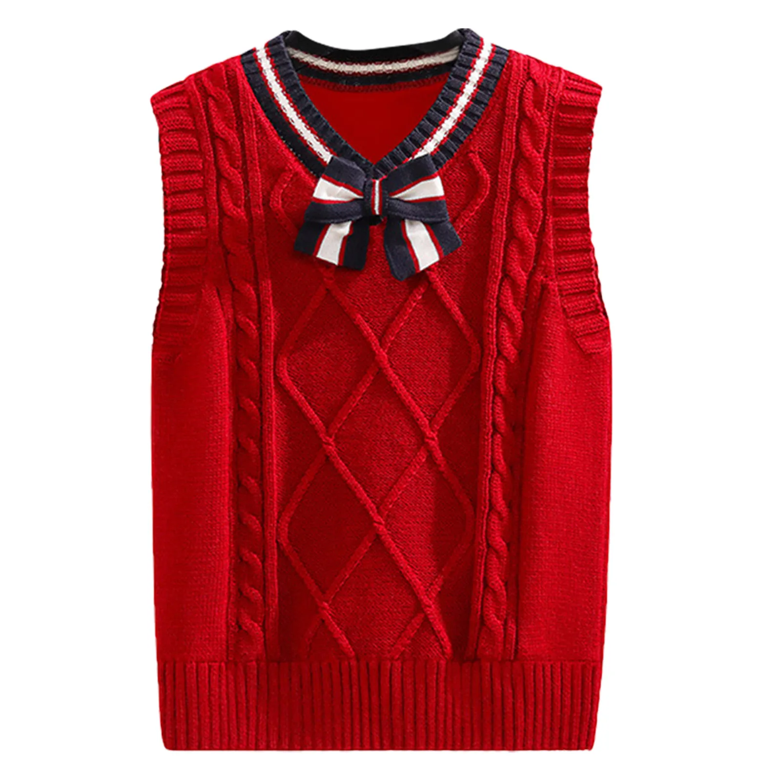 Kids Girls School Uniform Casual Knitted Sweater Schoolgirl Vest V Neck Bow Tie Tank Top for Birthday Party Stage Performance