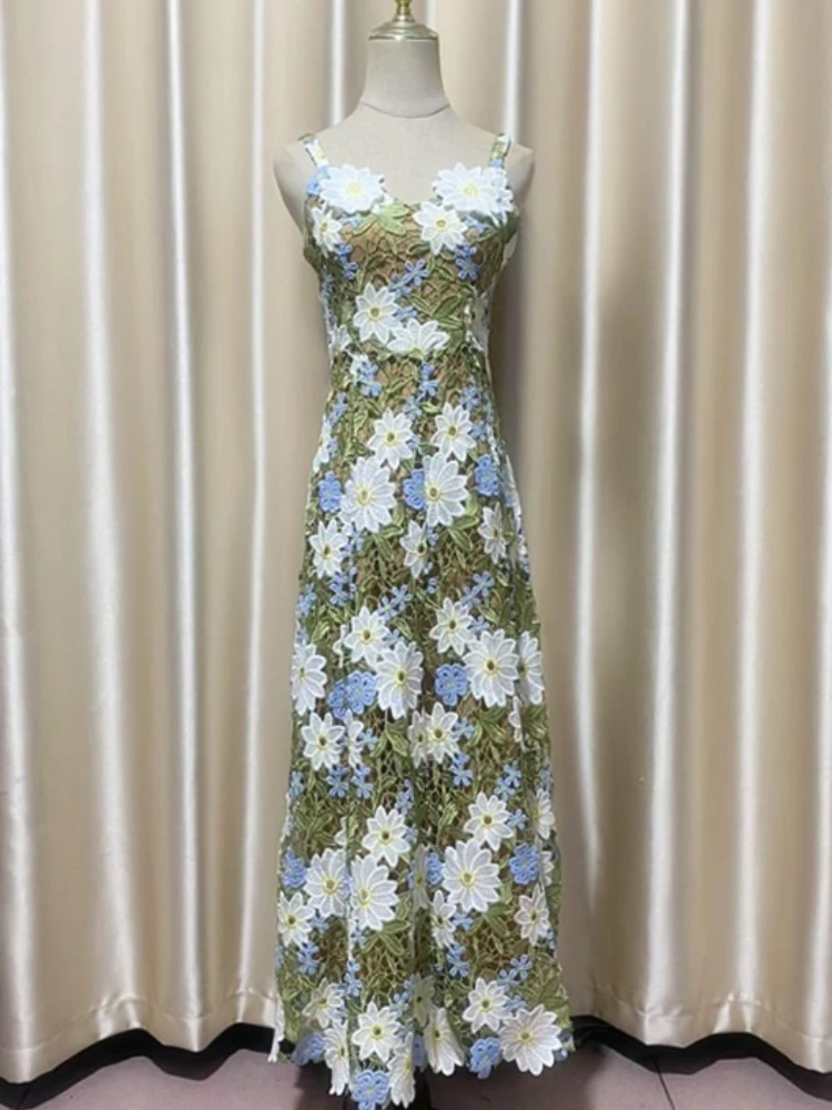 Sexy Damen-Hosenträgerkleider mit dreidimensional bestickten Blumen, V-Ausschnitt, schmale Passform, wasserlösliche Spitze, langes Kleid für den Urlaub