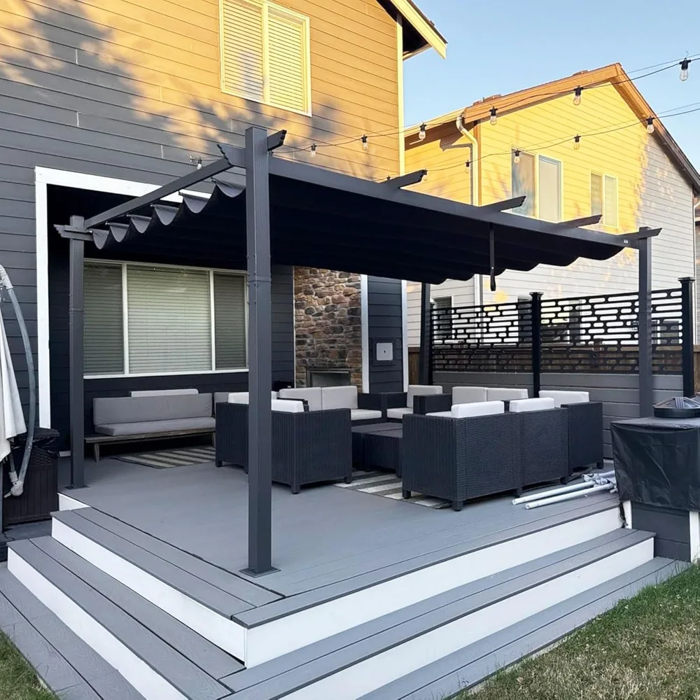 

10' X 13' Outdoor Retractable Pergola with Sun Shade Canopy Patio Metal Shelter for Porch Garden Beach Pavilion
