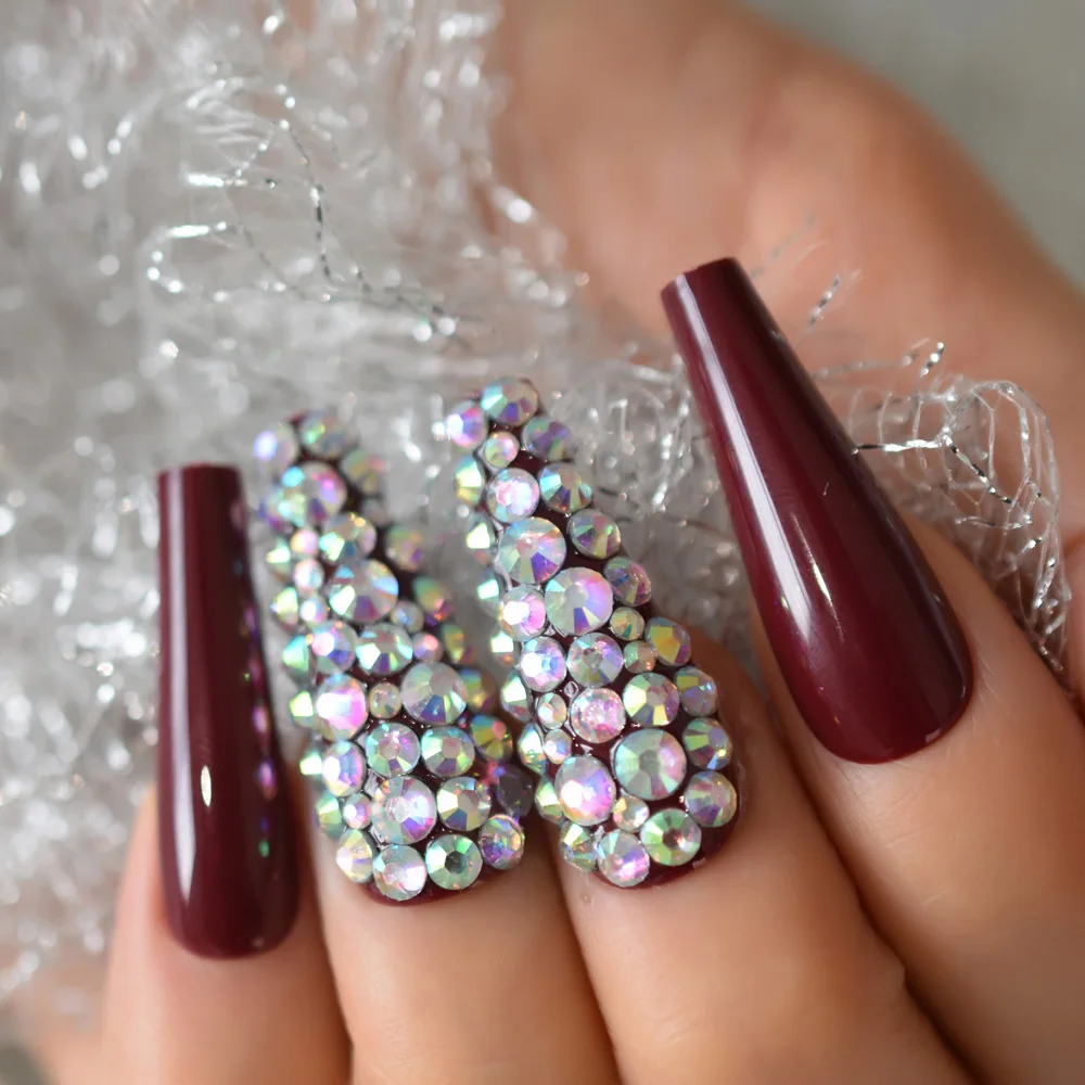 Volledige set vooraf ontworpen nep-nail art-tips Extra lang kastanjebruin rood taps toelopende ballerina-faux ongles Druk op nagels