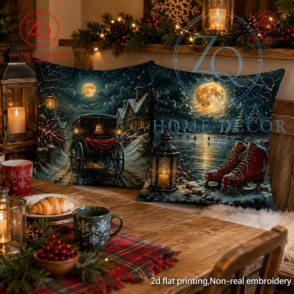 Full Moon Ice Lake Christmas Pillowcase Retro Ice Skes Oil Lamp mosphere Pillow  Holiday Home Decor Sa Cushions