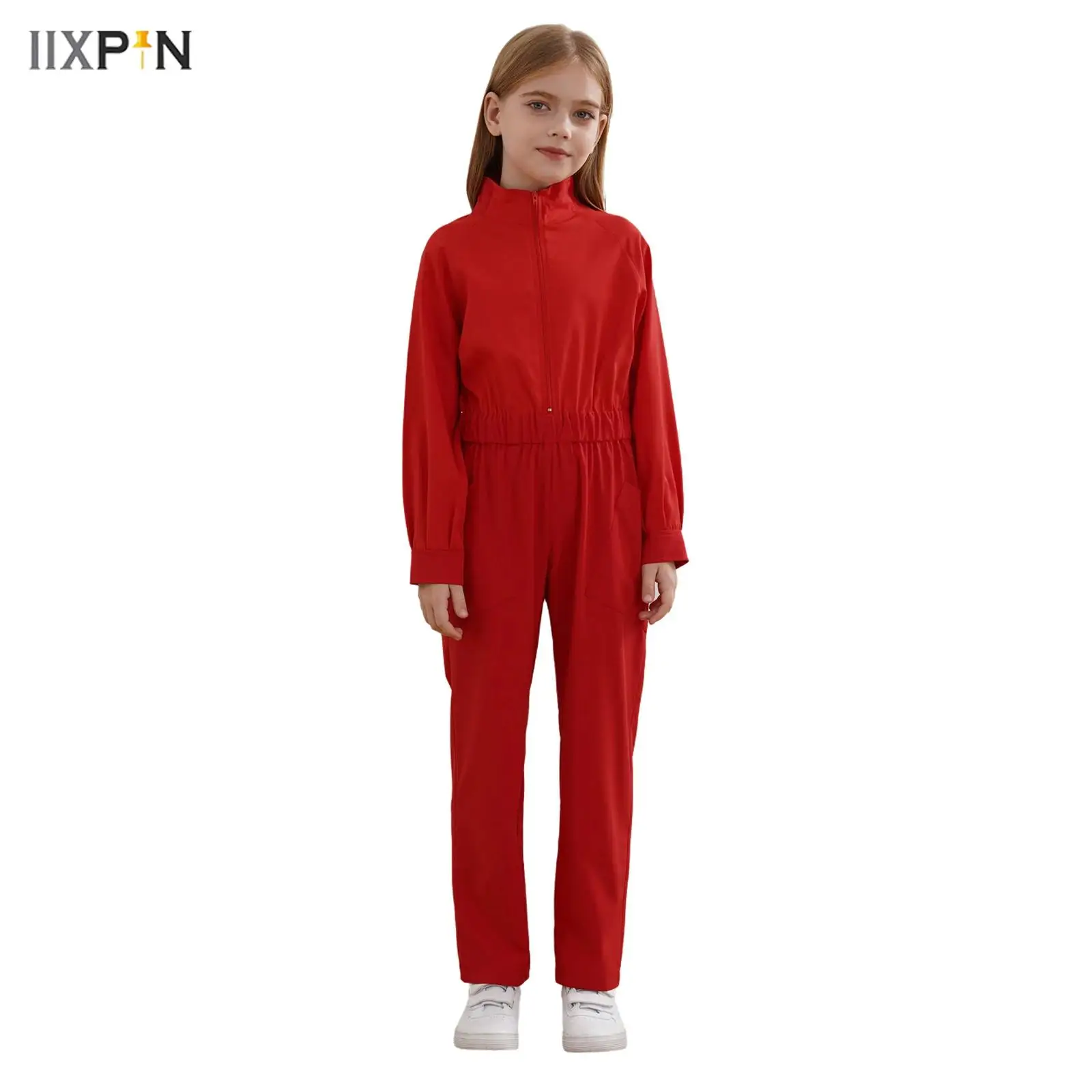 

Boys Girls Coverall Jumpsuit Casual Clothing Spring Autumn Solid Color Long Sleeve Stand Collar Elastic Waist Zipper Rompers