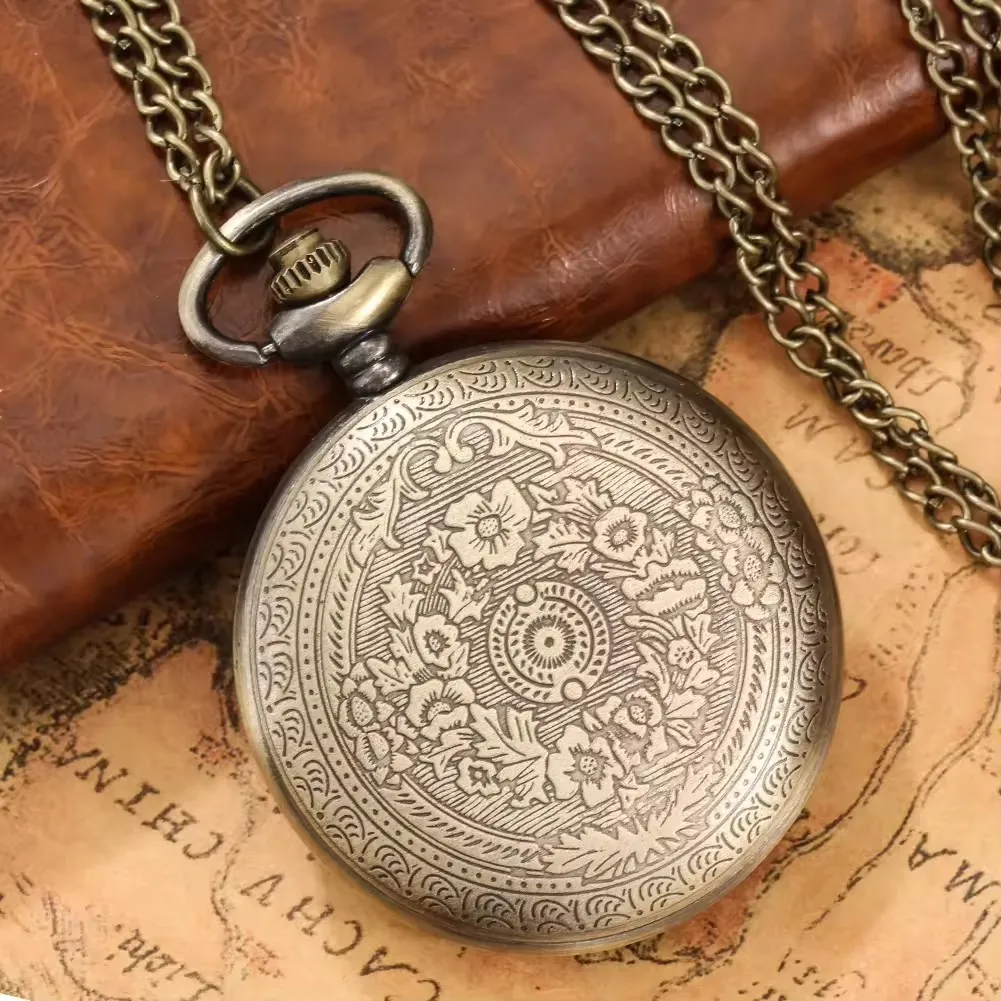 꽃이 새겨진 레트로 목걸이 펜던트, 청동 풀 헌터 스팀펑크 빈티지 포켓 쿼츠 시계, 체인 포함