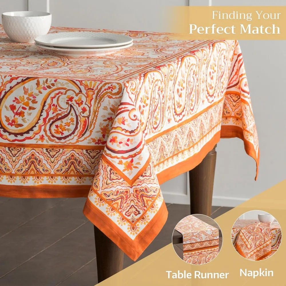 Cotton Rectangle Tablecloth 60x108 Inches, Fall-Themed, Reusable for Everyday and Thanksgiving Celebrations
