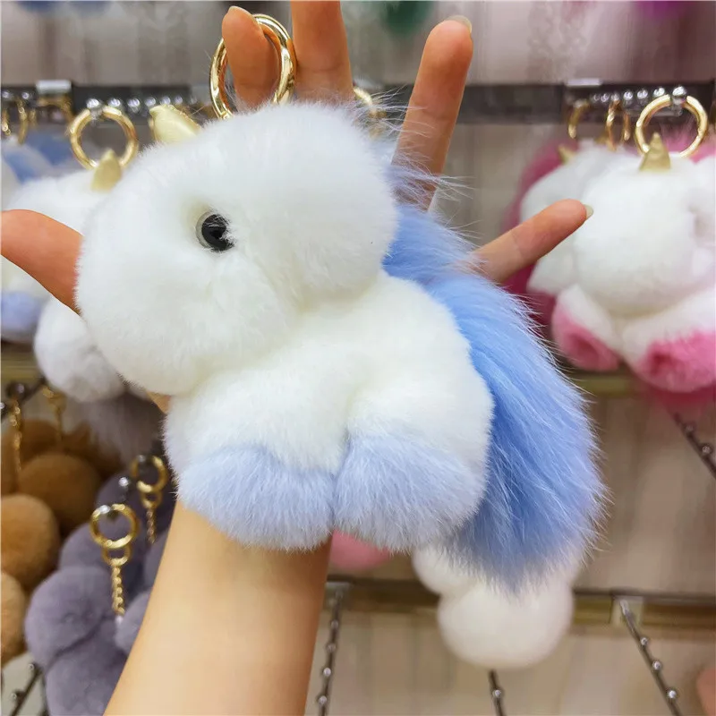 Korean Ins Cute Plush Pony Pendant Rex Rabbit Fur Unicorn Bag Pendant Key Chain Accessory Birthday Gift