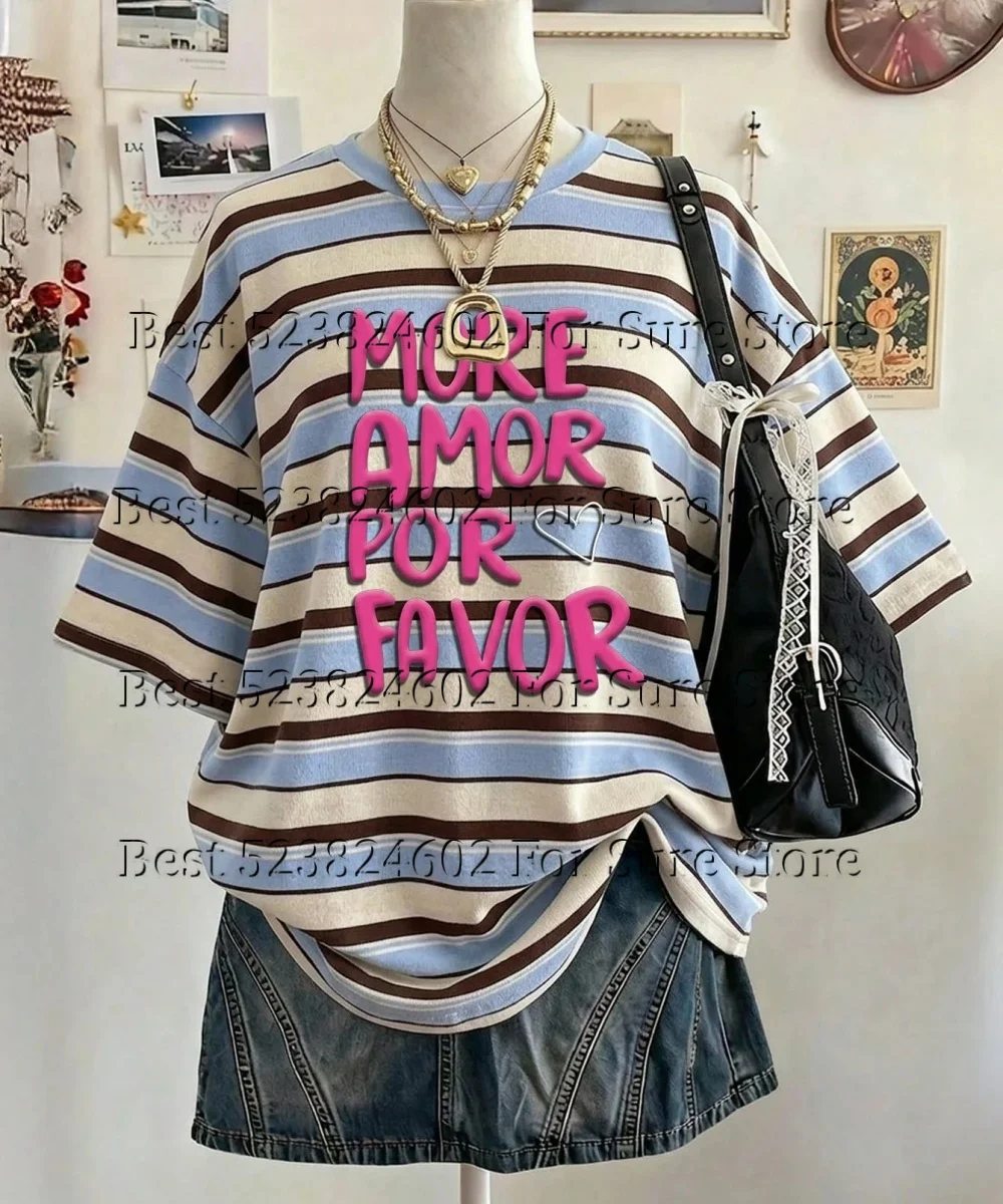 Y2K Retro Stripe Women T‑Shirt Letter Print MORE AMOR POR FAVOR Oversized Loose Fit Short Sleeve Tee Casual Daily Street Tops