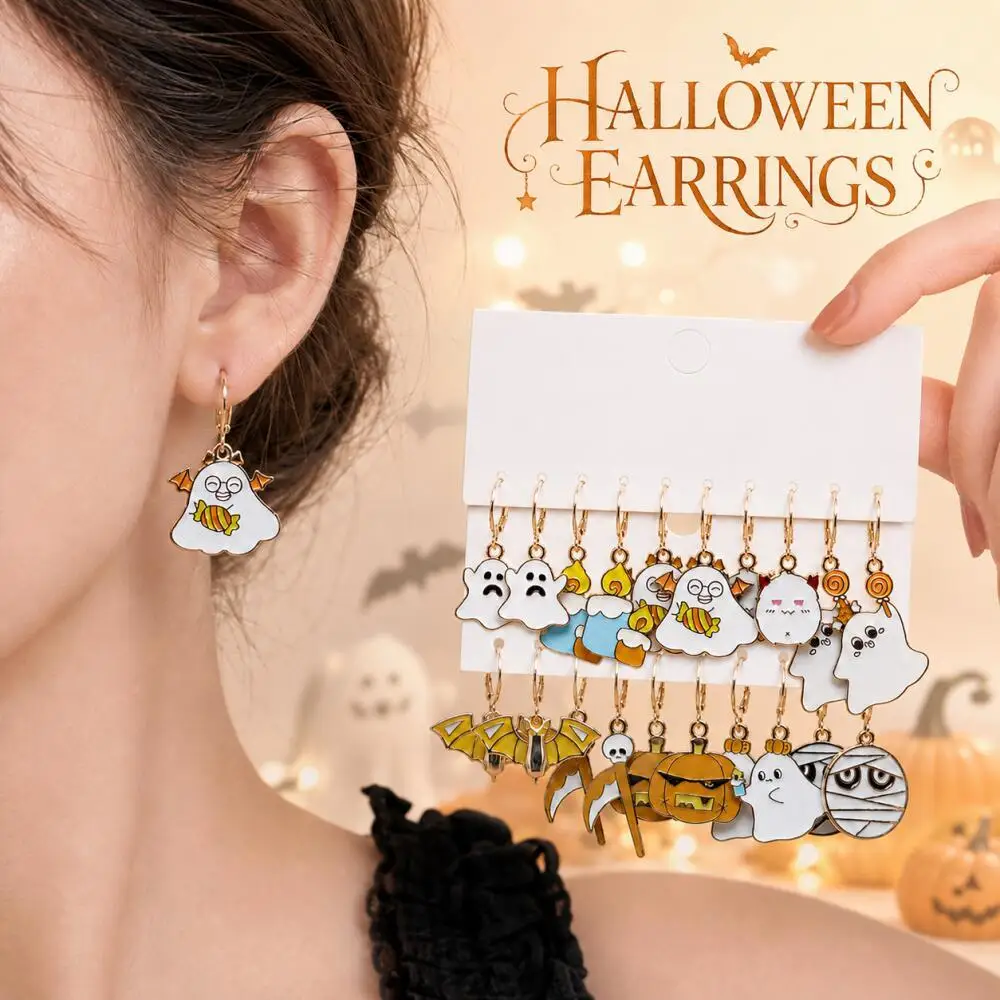 10 Pairs Halloween Huggie Hoop Earrings Enamel Ghost/Pumpkin/Bat/Mummy Dangle Drop Earrings Spooky Party Jewelry Gift for Women